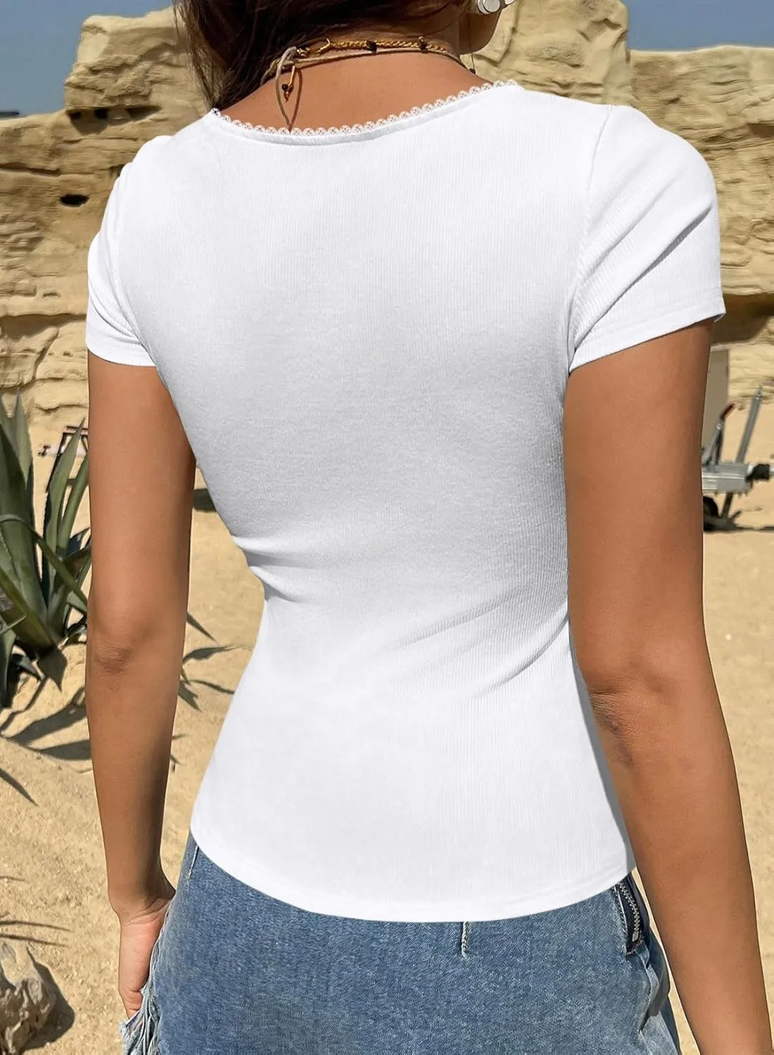 LOLONG Womens Short Sleeve Ribbed T Shirts Summer Casual Square Neck Lace Patchwork Tops