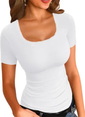 LOLONG Womens Short Sleeve Ribbed T Shirts Summer Casual Square Neck Lace Patchwork Tops