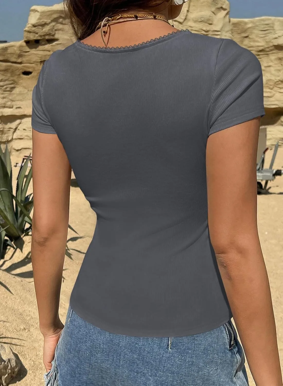 LOLONG Womens Short Sleeve Ribbed T Shirts Summer Casual Square Neck Lace Patchwork Tops