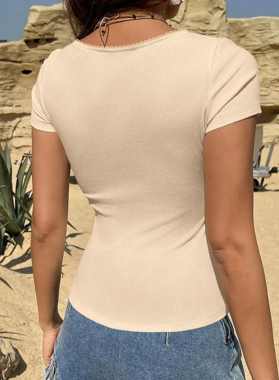 LOLONG Womens Short Sleeve Ribbed T Shirts Summer Casual Square Neck Lace Patchwork Tops