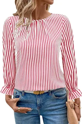 LOLONG Womens Tops 2024 Fall Long Sleeve Crew Neck Print Work Chiffon Blouses Dressy Casual with Back Button Closure