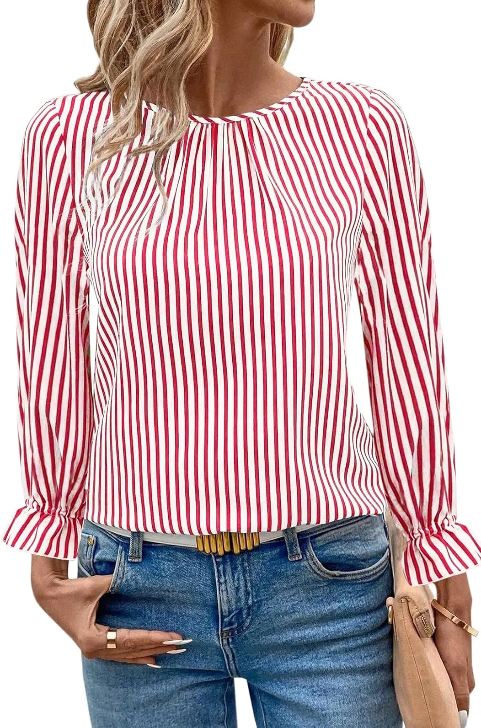 LOLONG Womens Tops 2024 Fall Long Sleeve Crew Neck Print Work Chiffon Blouses Dressy Casual with Back Button Closure