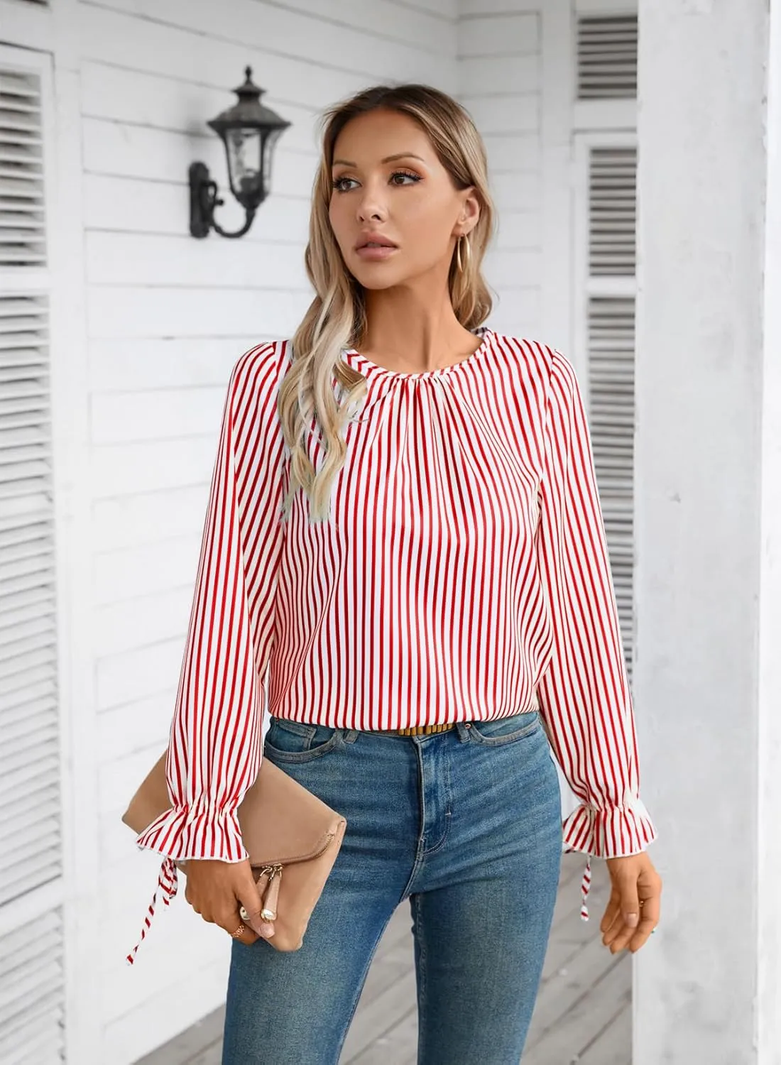 LOLONG Womens Tops 2024 Fall Long Sleeve Crew Neck Print Work Chiffon Blouses Dressy Casual with Back Button Closure