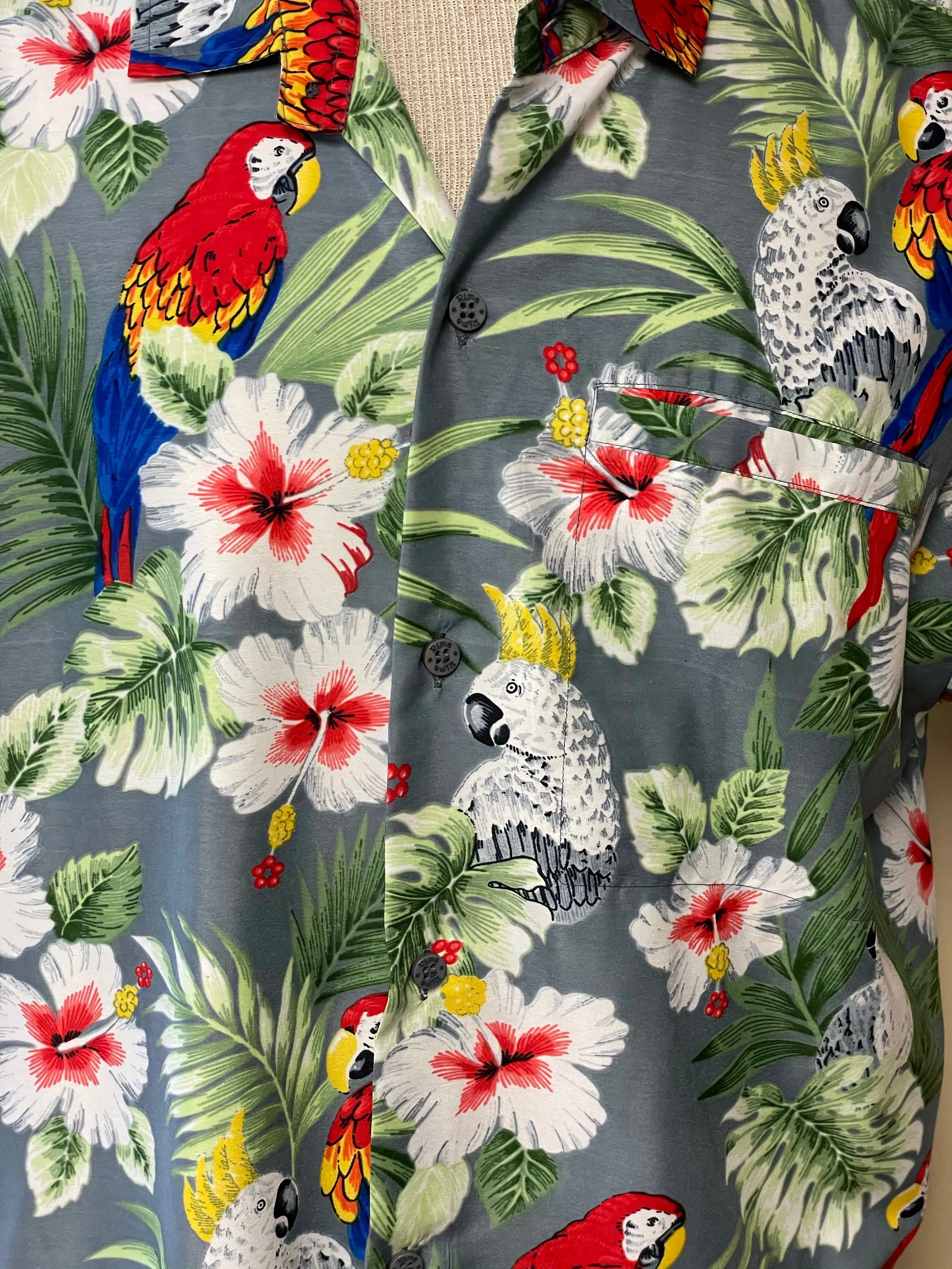 <€€* Mens RIMA Beachwear Terivoile Caribbean Island Camp Medium Palm Parrot