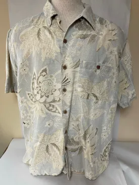 <€€*v Mens PARADISE COVES Silk BLue Beige Floral Hawaiian Print Camp Large Pocket
