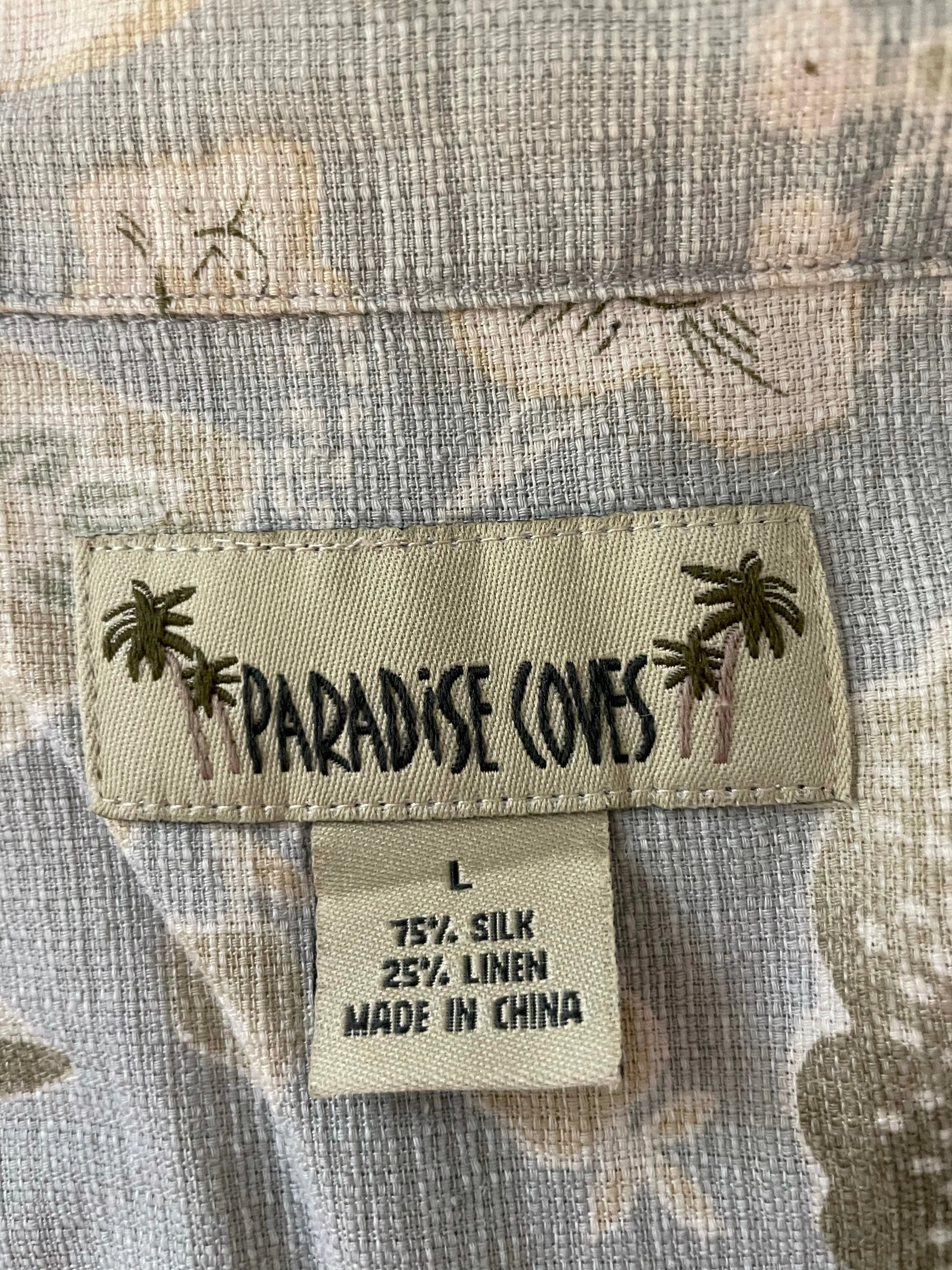 <€€*v Mens PARADISE COVES Silk BLue Beige Floral Hawaiian Print Camp Large Pocket