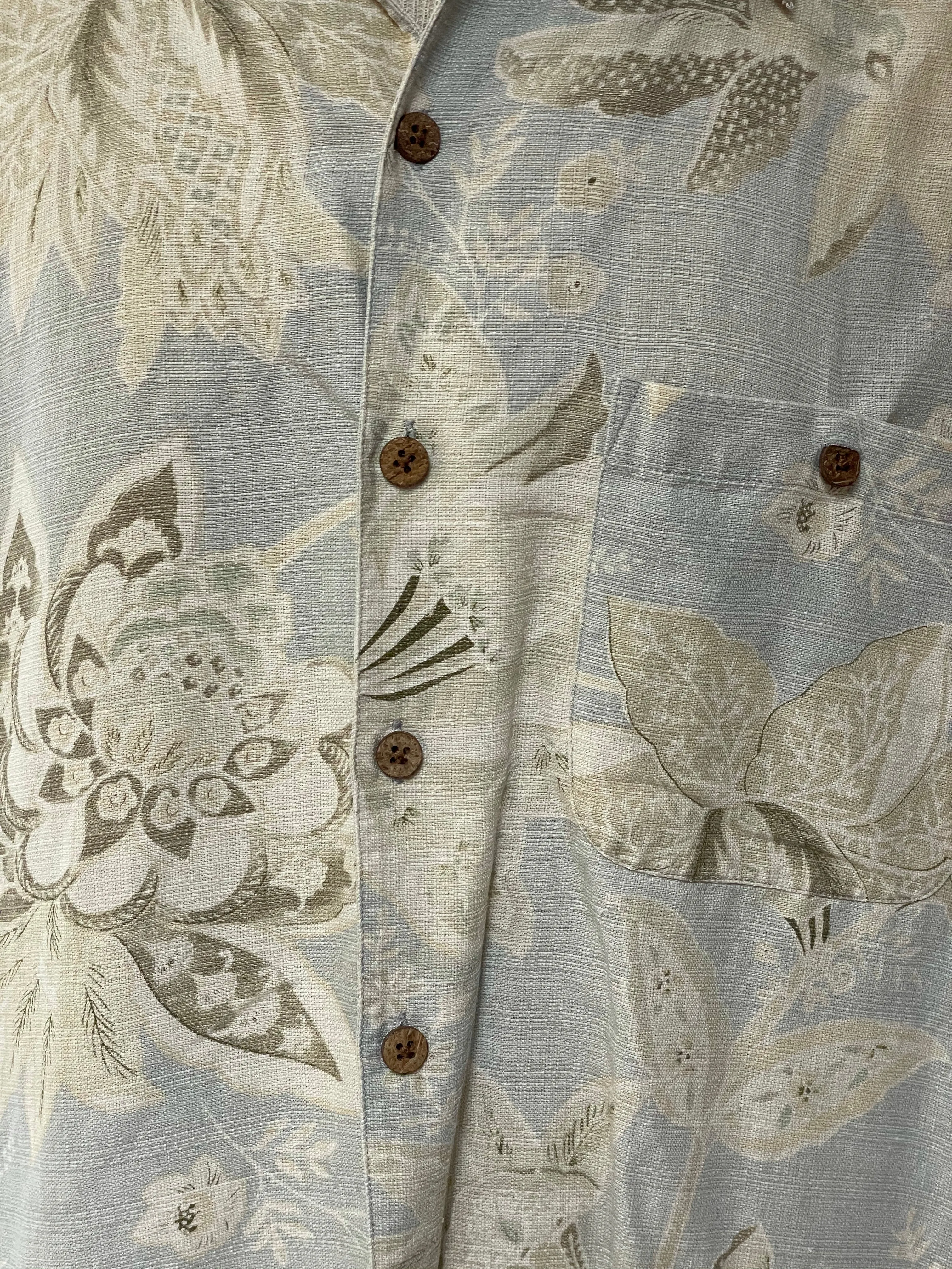 <€€*v Mens PARADISE COVES Silk BLue Beige Floral Hawaiian Print Camp Large Pocket