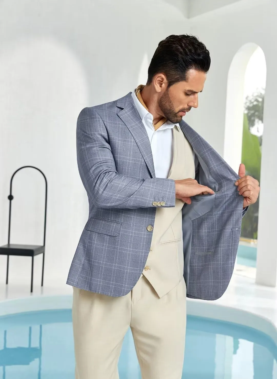 Mens Blazer Slim Fit Stripes Plaid Casual Suit Jacket for Men Two Buttons Business Lapel Sport Coats