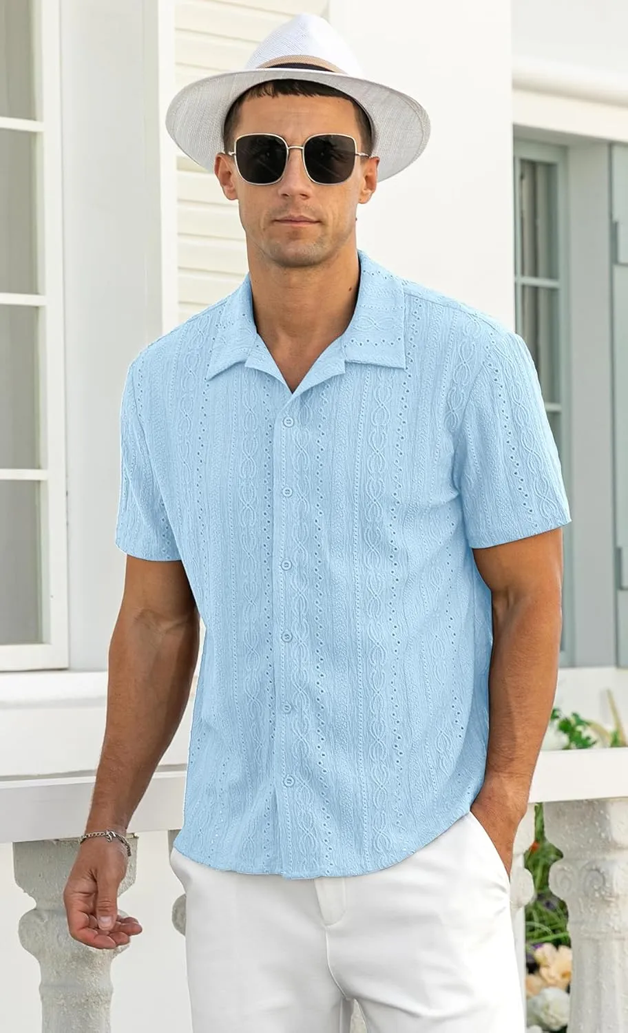 NITAGUT Men's Short Sleeve Shirts Casual Button Down Shirts Vacation Beach Summer Hollow Out Tops