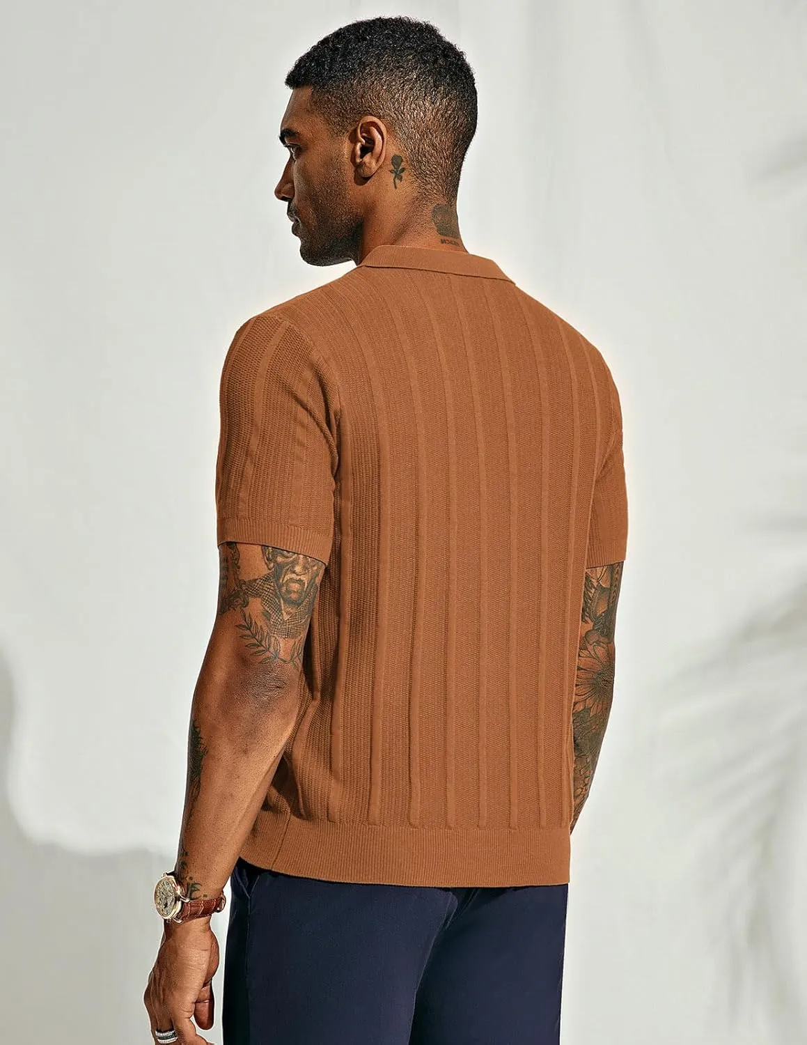 PJ PAUL JONES Mens Polo Shirts Textured Knit V-Neck Summer Shirts