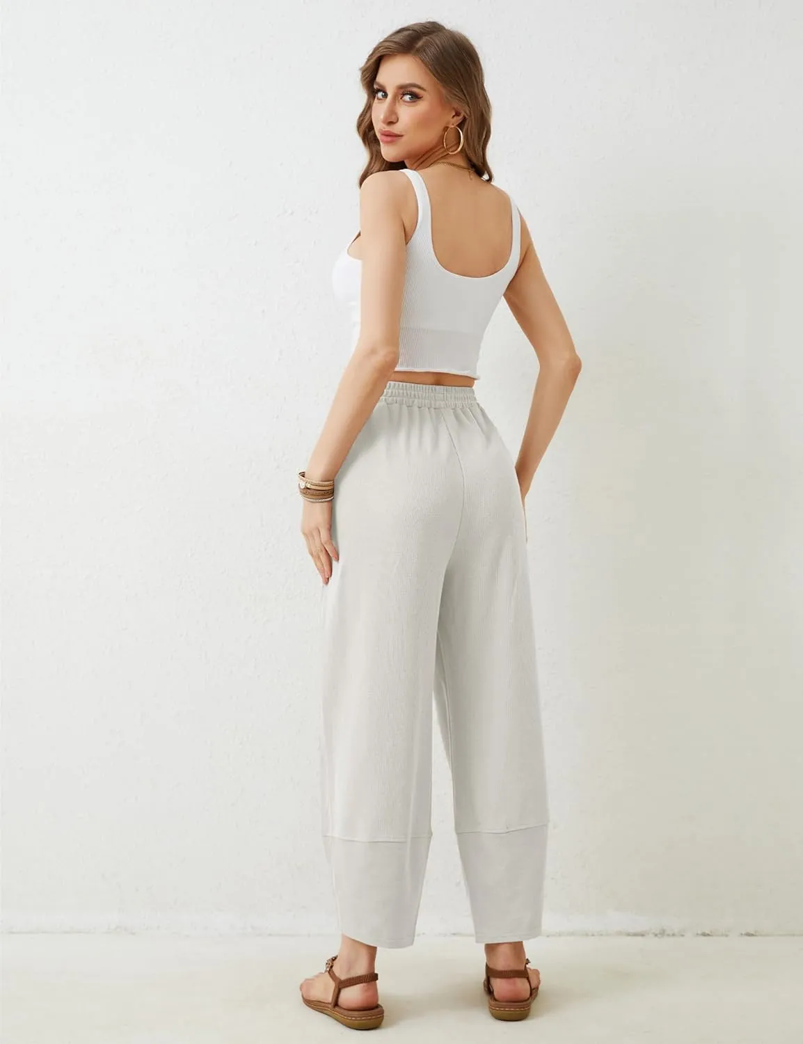 Springrain Womens Baggy Wide Leg Pants Cotton Elastic Waisted Loose Palazzo Harem Pants with Pockets