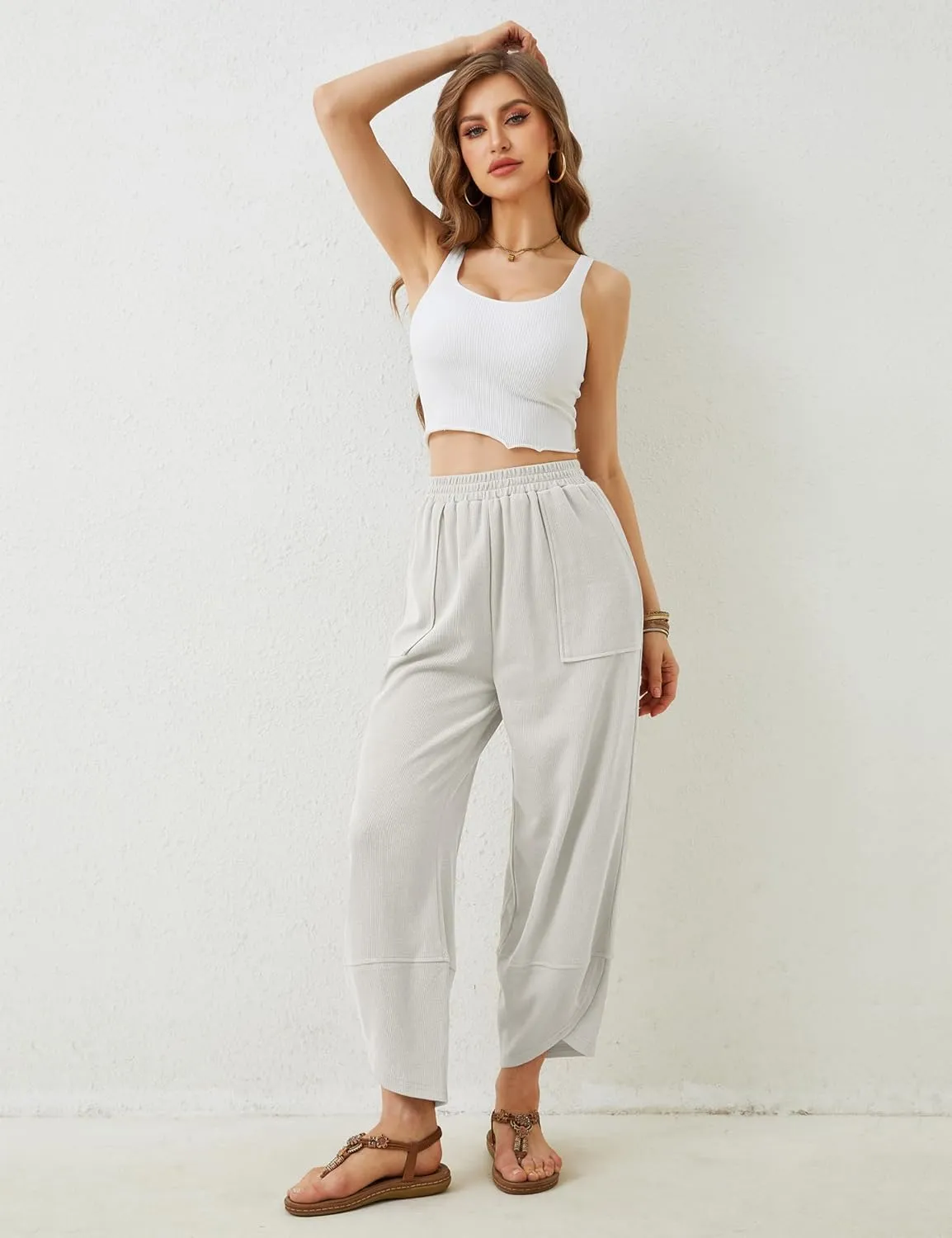 Springrain Womens Baggy Wide Leg Pants Cotton Elastic Waisted Loose Palazzo Harem Pants with Pockets