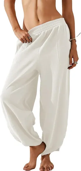 Springrain Womens Baggy Wide Leg Pants Cotton Elastic Waisted Loose Palazzo Harem Pants with Pockets