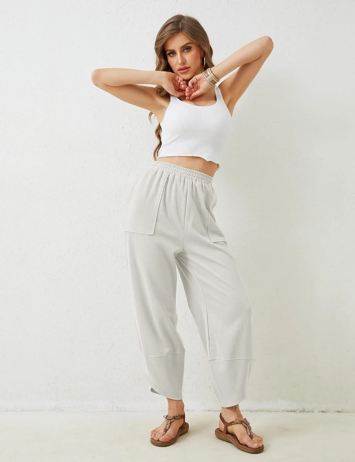 Springrain Womens Baggy Wide Leg Pants Cotton Elastic Waisted Loose Palazzo Harem Pants with Pockets