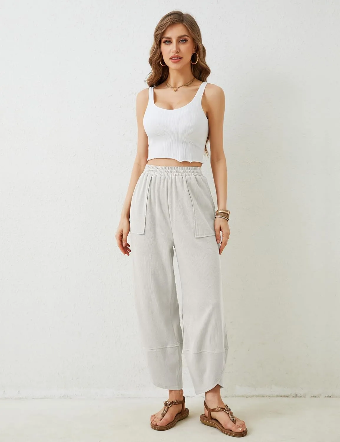 Springrain Womens Baggy Wide Leg Pants Cotton Elastic Waisted Loose Palazzo Harem Pants with Pockets