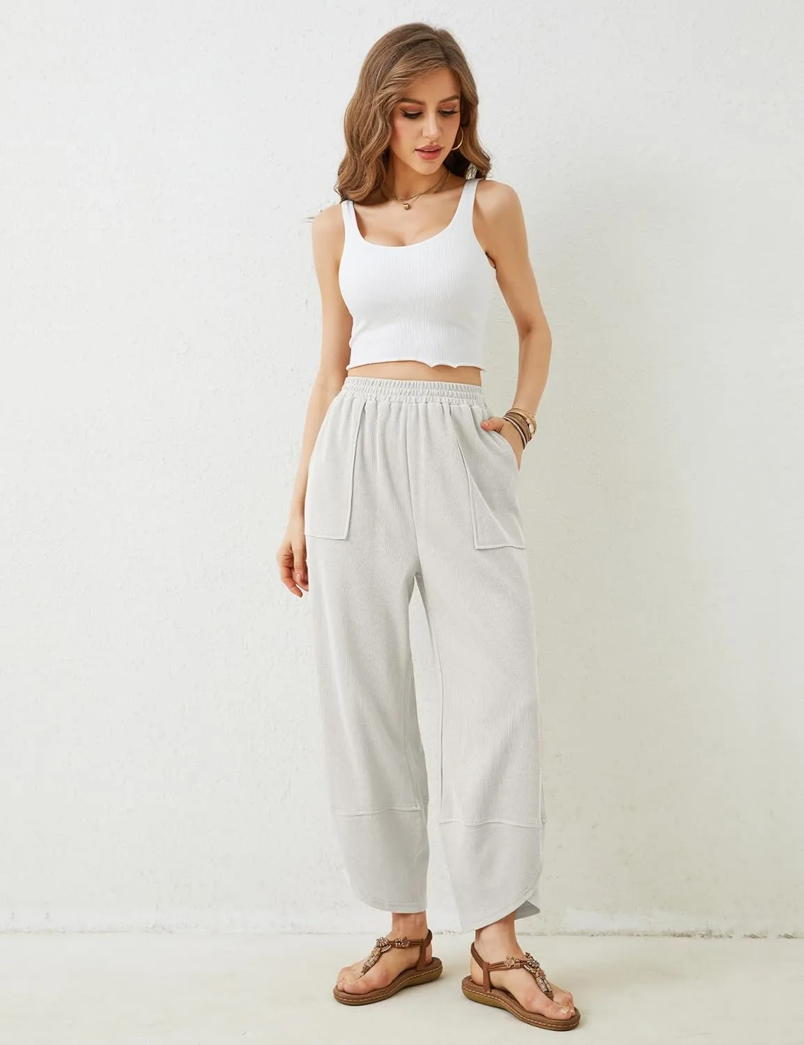 Springrain Womens Baggy Wide Leg Pants Cotton Elastic Waisted Loose Palazzo Harem Pants with Pockets