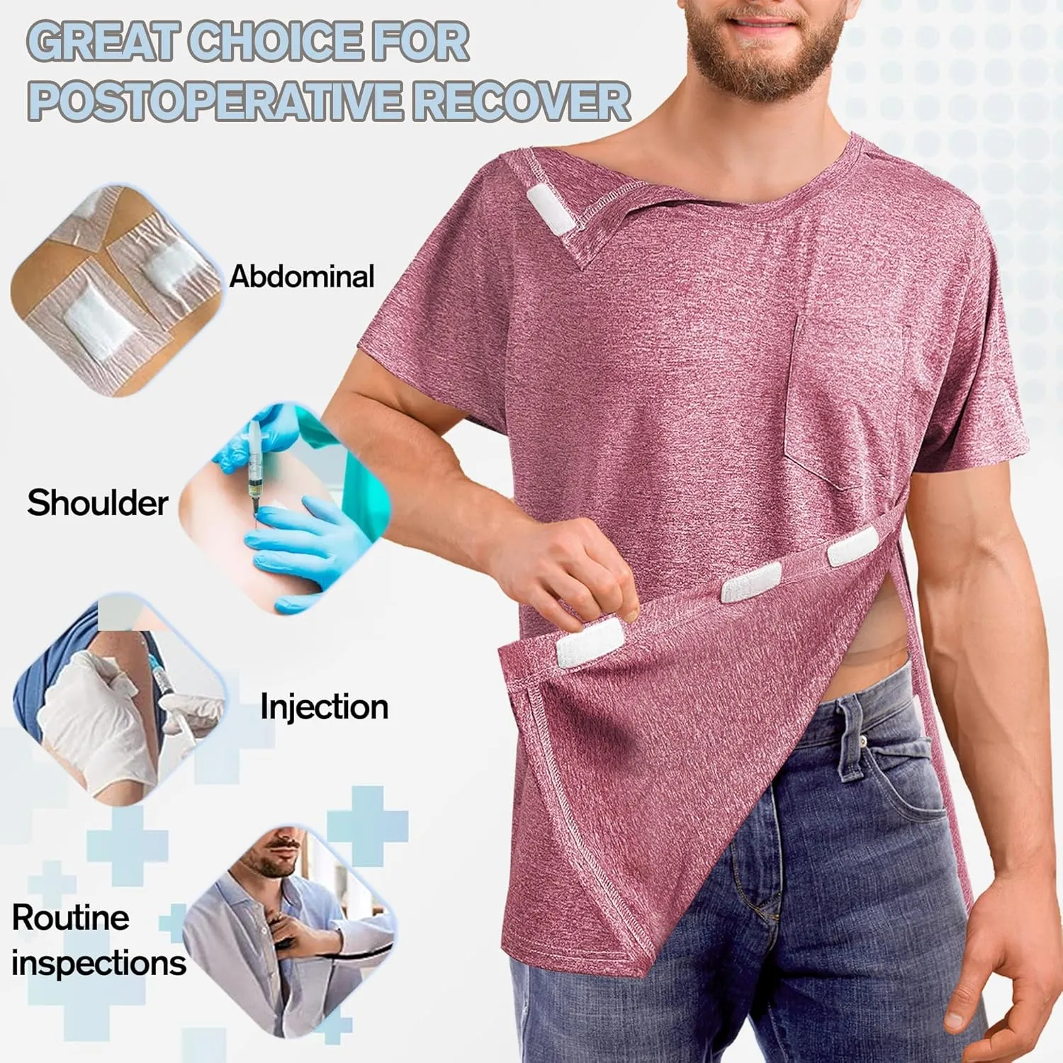 Unisex Post Shoulder Surgery Shirts for Women with All Access Stick On Fasteners Recovery Tear Away Chemo Clothing