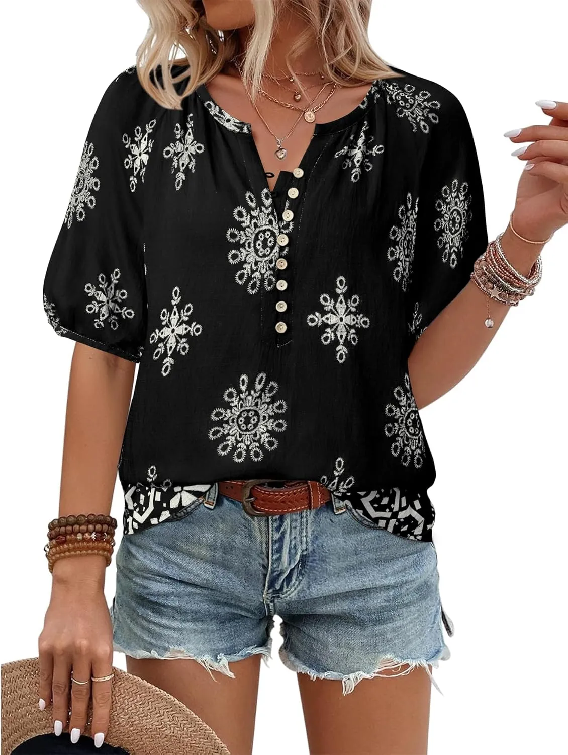 Unixseque Womens Summer Tops V Neck Short Sleeve Blouses Casual Button Down Shirts Floral Boho Clothing Trendy 2025