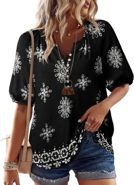 Unixseque Womens Summer Tops V Neck Short Sleeve Blouses Casual Button Down Shirts Floral Boho Clothing Trendy 2025