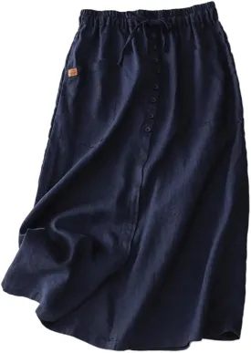 Womens Cotton Linen Skirts Casual A-Line High Elastic Waist Skirt with Slit
