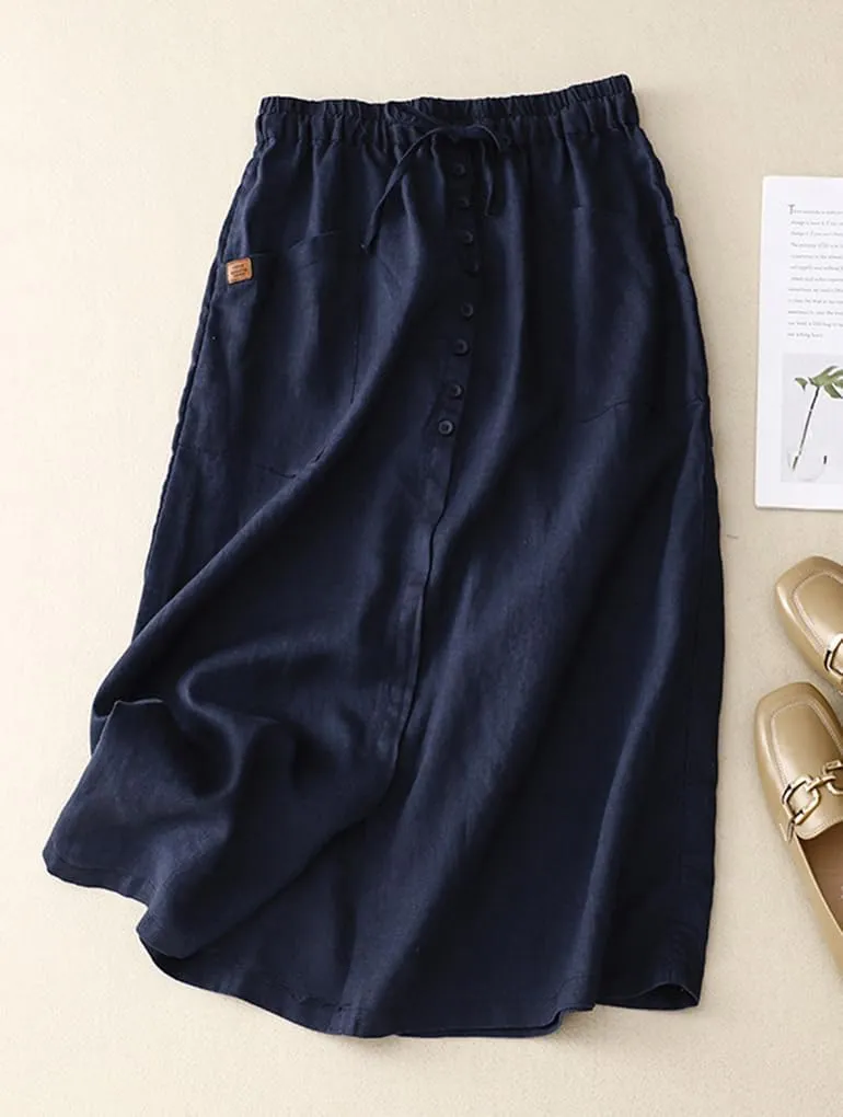 Womens Cotton Linen Skirts Casual A-Line High Elastic Waist Skirt with Slit
