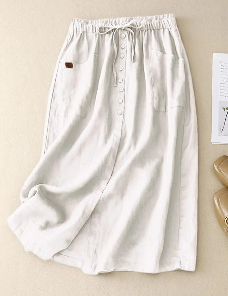 Womens Cotton Linen Skirts Casual Drawstring High Waist Skirt with Slit