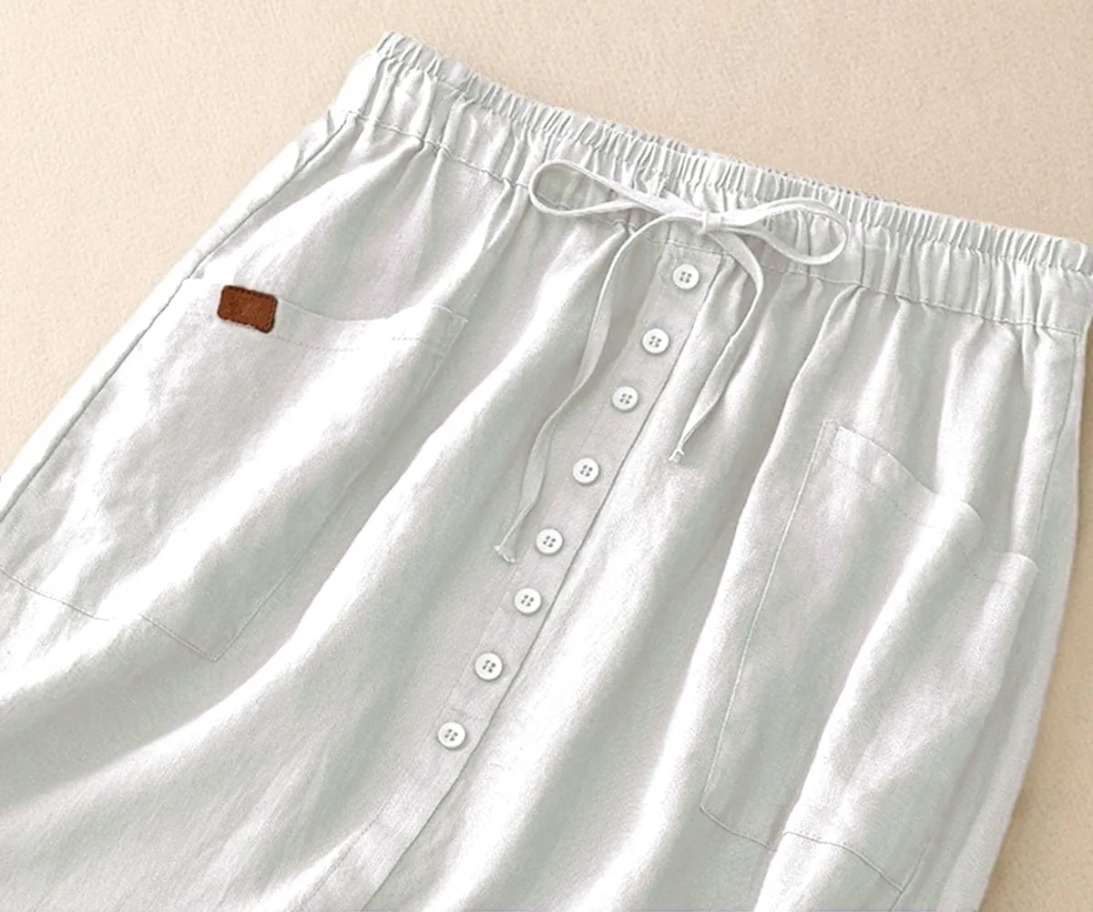 Womens Cotton Linen Skirts Casual Drawstring High Waist Skirt with Slit
