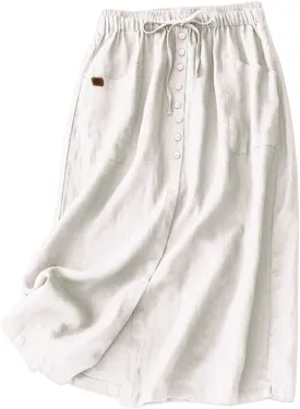 Womens Cotton Linen Skirts Casual Drawstring High Waist Skirt with Slit
