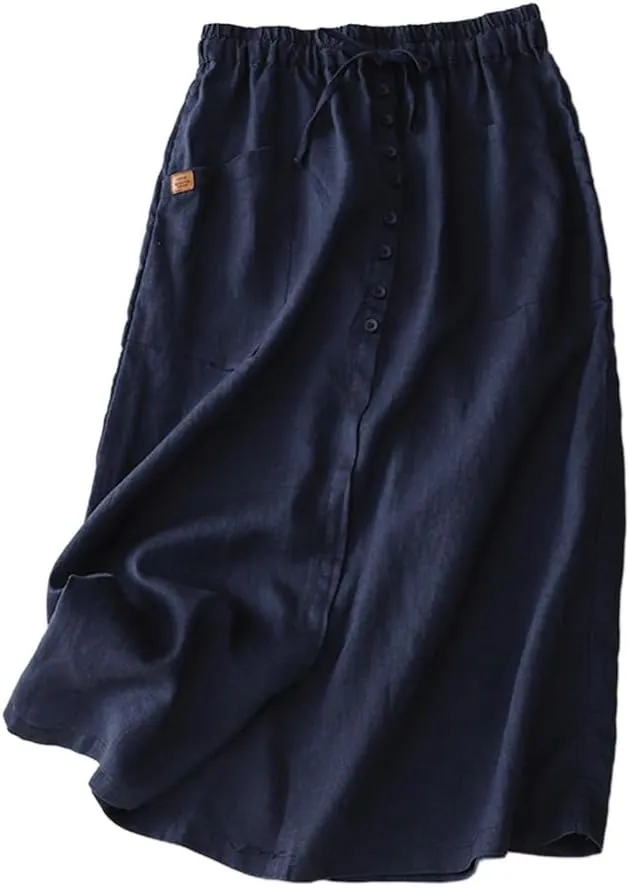 Womens Cotton Linen Skirts Casual Drawstring High Waist Skirt with Slit