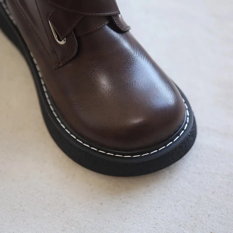 Women's Leather Boots Wide Toe Box Retro Cross-strap Platform Shoes