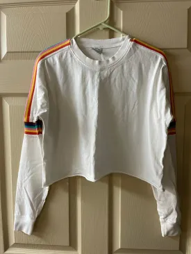 Womens Small Petite URBAN Outfitters White TShirt Long Sleeves Cropped Rainbow Band
