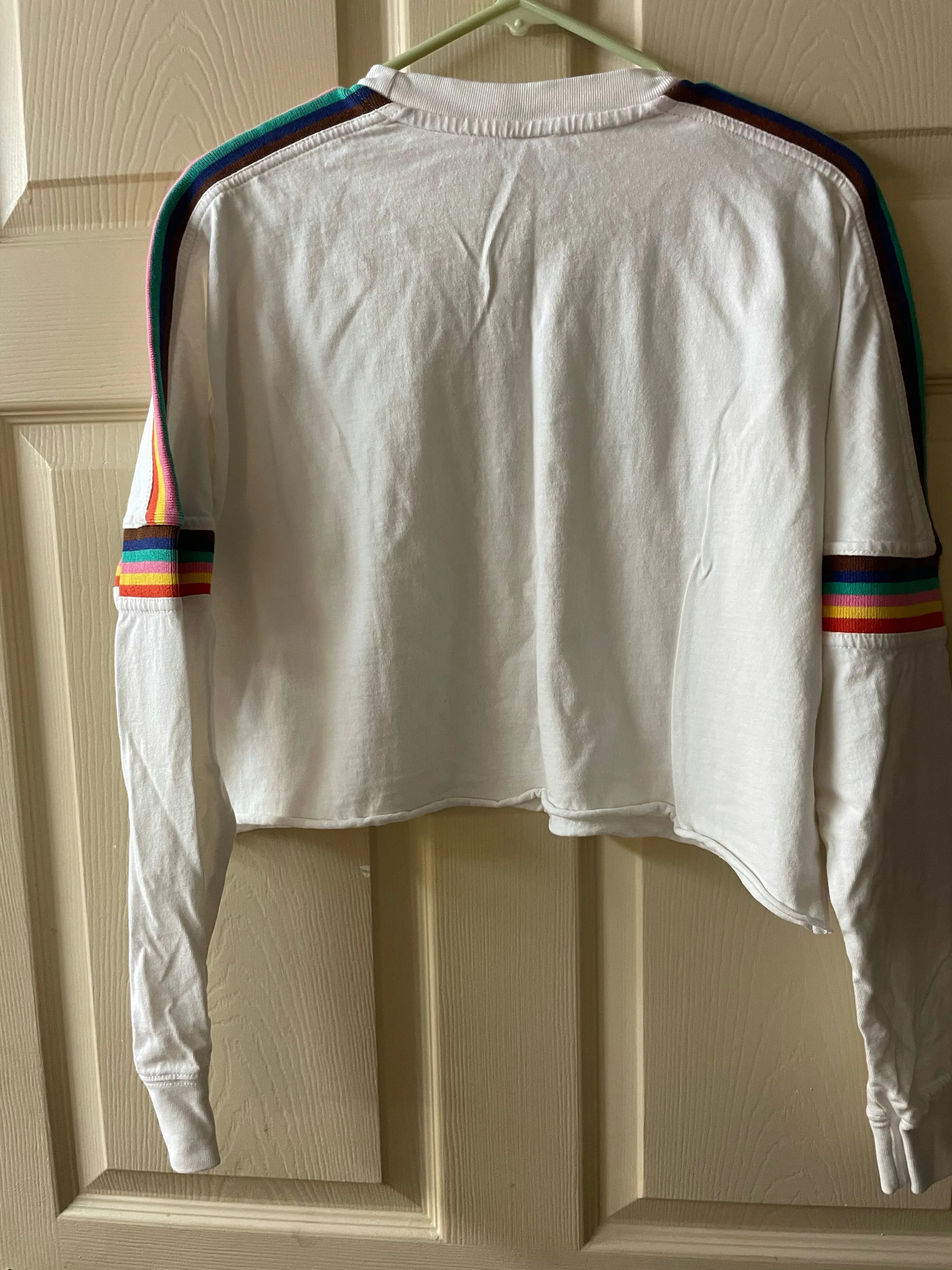 Womens Small Petite URBAN Outfitters White TShirt Long Sleeves Cropped Rainbow Band