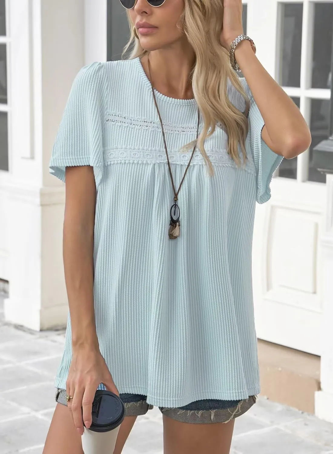 Womens Summer Tops Crewneck Short Sleeve Striped Shirts Casual Ribbed Blouses Flowy Hem Boho Clothing 2025