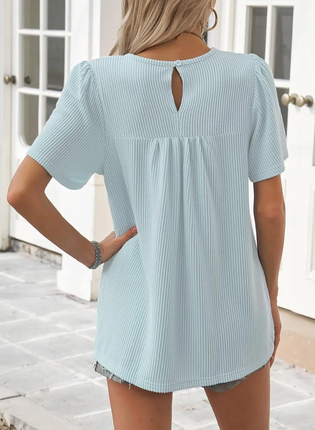 Womens Summer Tops Crewneck Short Sleeve Striped Shirts Casual Ribbed Blouses Flowy Hem Boho Clothing 2025