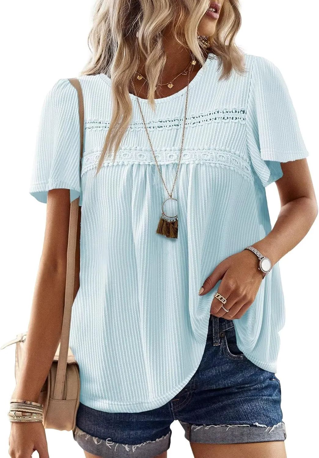 Womens Summer Tops Crewneck Short Sleeve Striped Shirts Casual Ribbed Blouses Flowy Hem Boho Clothing 2025